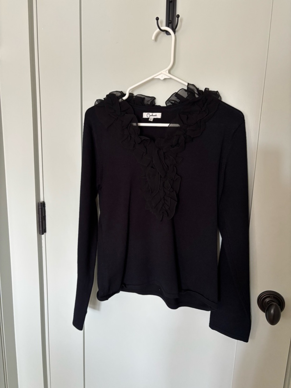 Black Ruffle-Trim Long-Sleeve Blouse